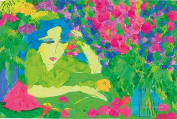 Modern Painting - Lady with Flowers and Fruit Modern